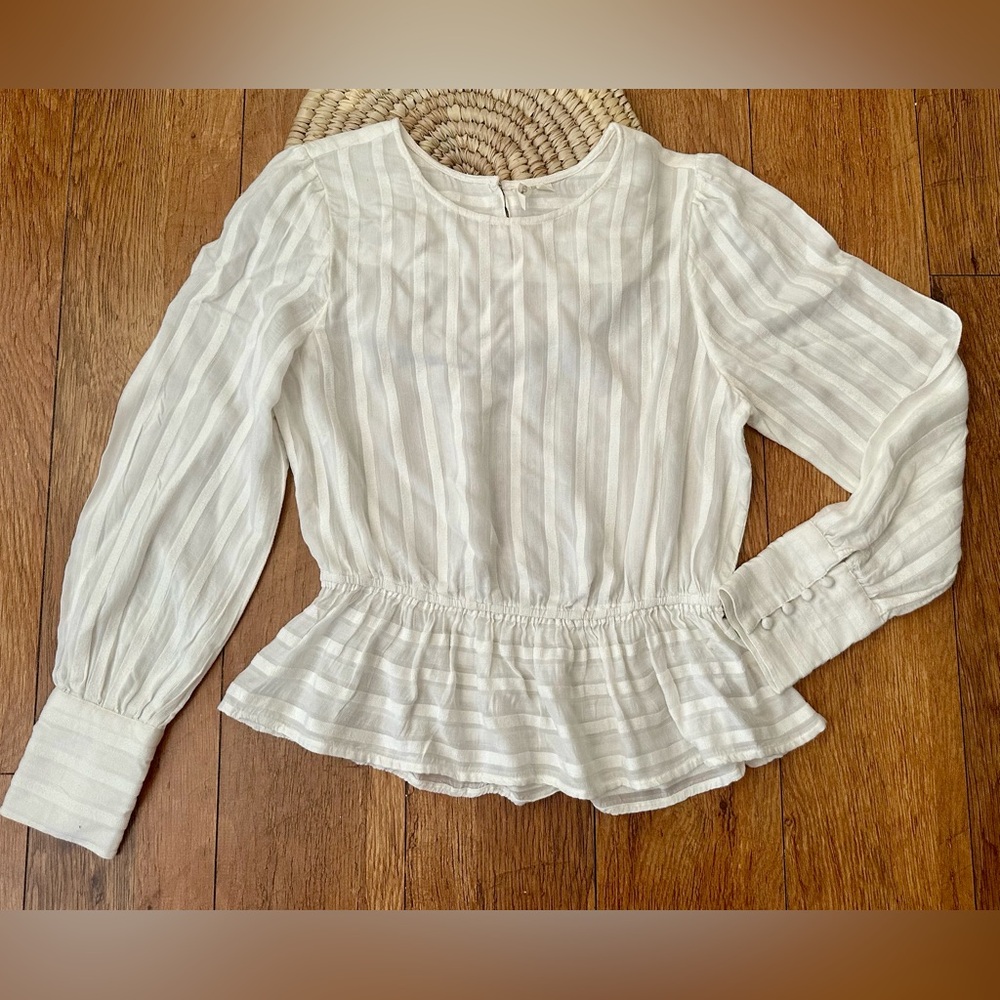 Treasure & Bond Creamy White Striped Peplum Long Sleeved Women's Top